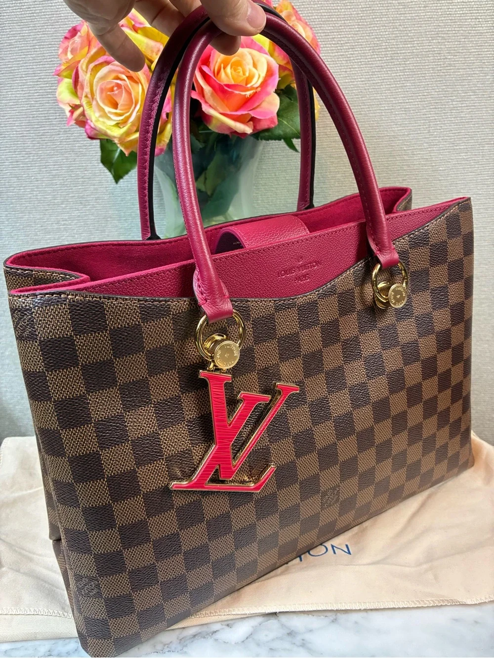 Louis Vuitton LV Damier Ebene Riverside Tote w/ Magenta Leather & LV Charm - NWT